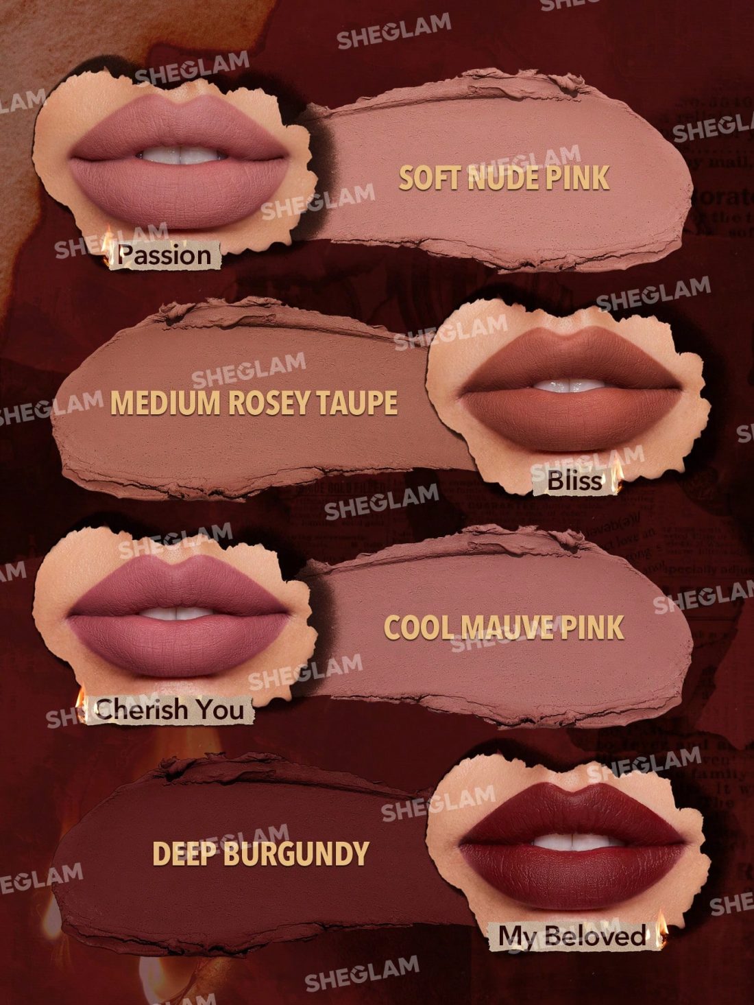 پک رژ لب جامد ۴ عددی امبر رز شیگلم SHEGLAM Ember Rose Lipstick — 3